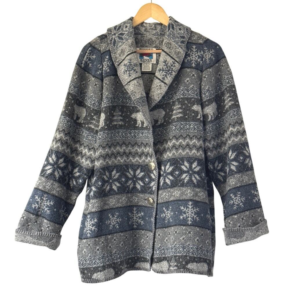 Vintage Wooded River Wool Blend Coat Size L Western Polar Bear Snowflake Winter